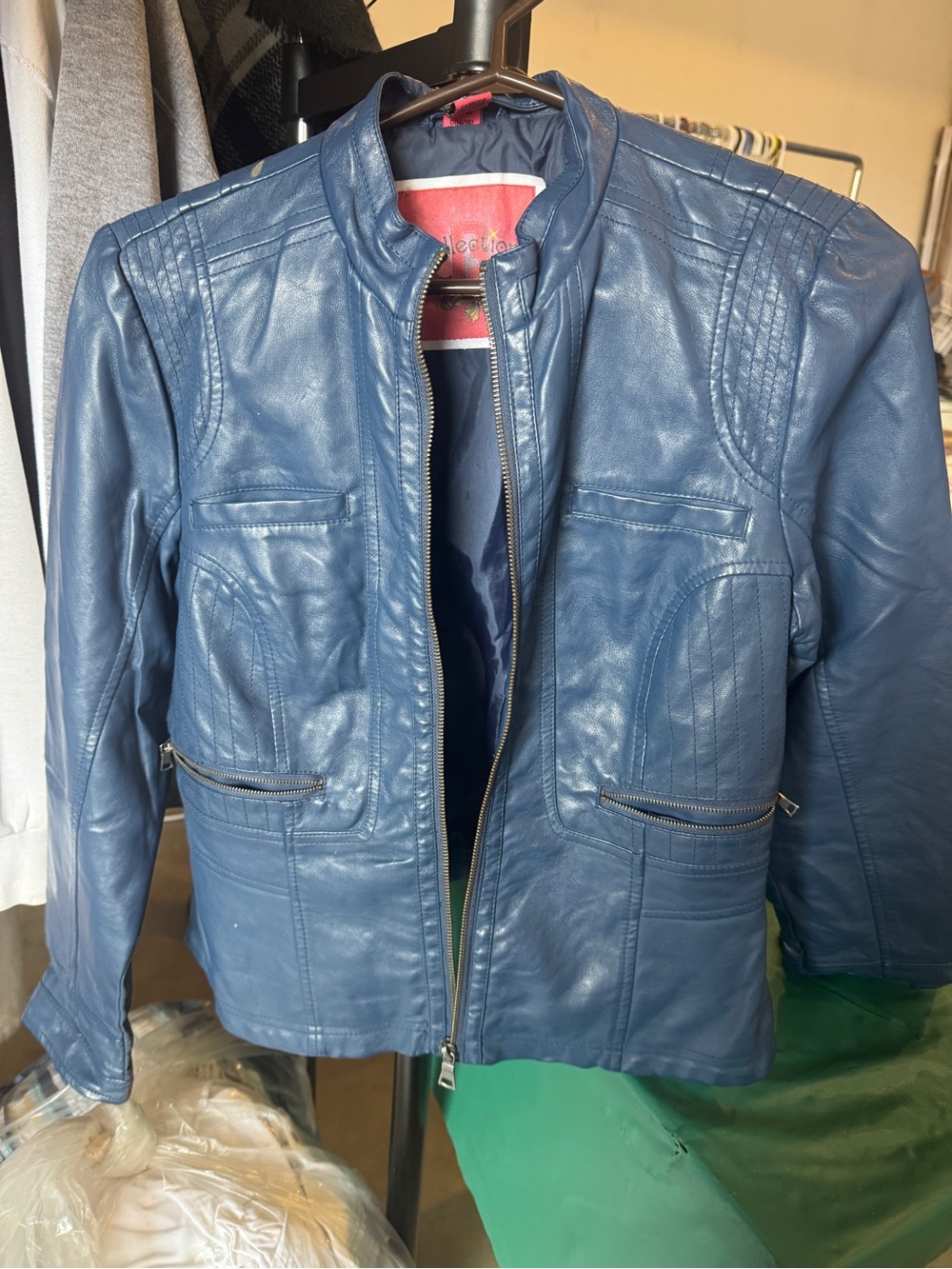 Women's Blue Faux Leather Zip-Front Jacket by (unknown)